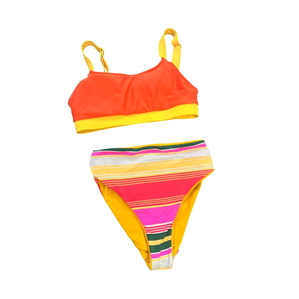 Maaji Bottoms Striped High Waist Bikini Set Orange Yellow Pink Small